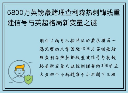 5800万英镑豪赌理查利森热刺锋线重建信号与英超格局新变量之谜